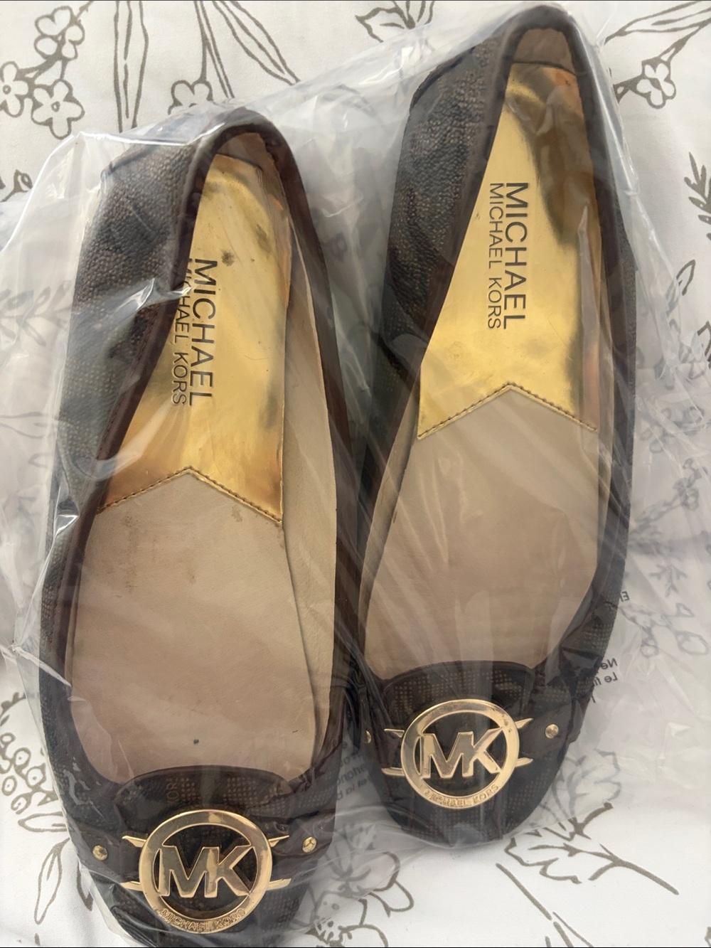 Michael Kors Brown Logo Ballet Flats with Gold MK Accent